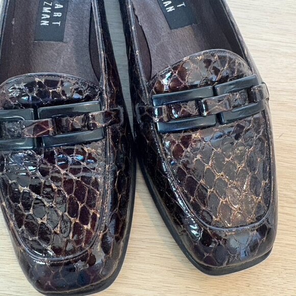 ** Stuart Weitzman Leather Heeled Loafers Brown Black Snake 6.5 - Picture 7 of 9